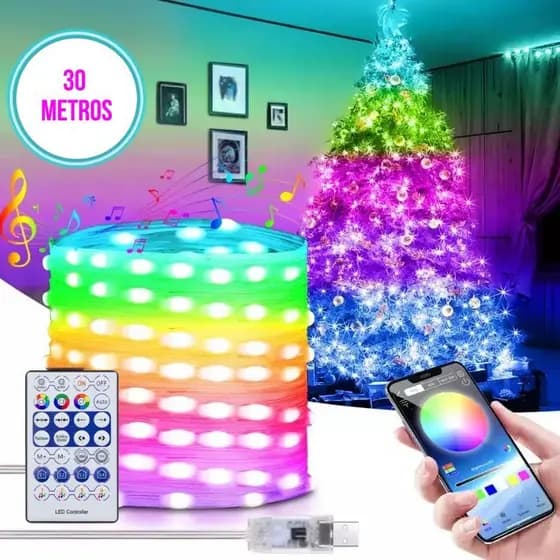 Cordão de LED Fita RGB Decoração Natal Controle Aplicativo Bluetooth – 30 Metros 20M 10M 5M