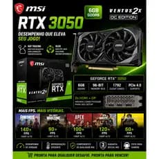 Placa de Vídeo MSI RTX 3050 6GB Ventus OC | GDDR6 | 2x HDMI + DP | Ray Tracing + DLSS | Gamer