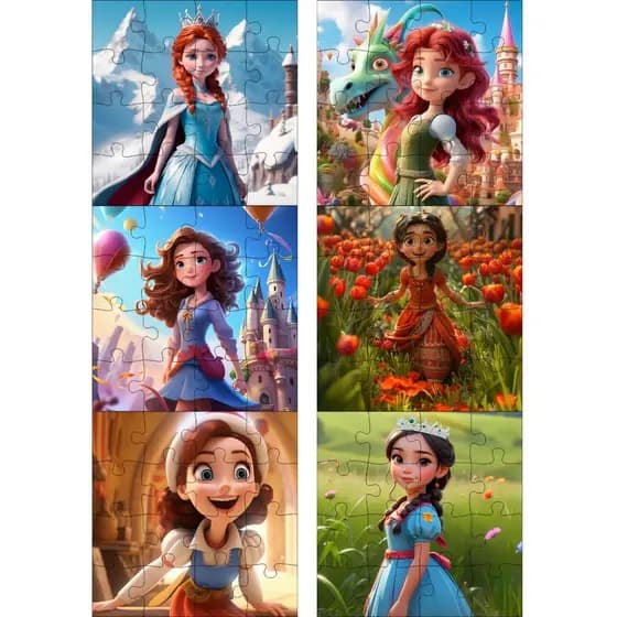 Kit 6 Quebra-Cabeças Infantil Princesa em MDF 16 Peças Cada, Educativo, Colorido e Divertido