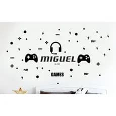 Adesivo de parede game, gamer fone de ouvido controle nome personalizado decoração menino