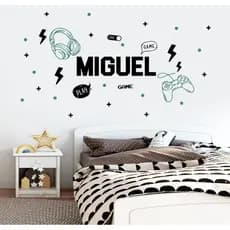 Adesivo de Parede Infantil Vídeo Game, Gamer, Controle, Fone com Nome Personalizado Decoração