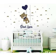 Adesivo de parede infantil urso, balão, nuvens com nome personalizado, quarto de menino decoração