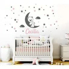 Adesivo de parede infantil urso, lua, estrelas com nome personalizado menina menino quarto decoração