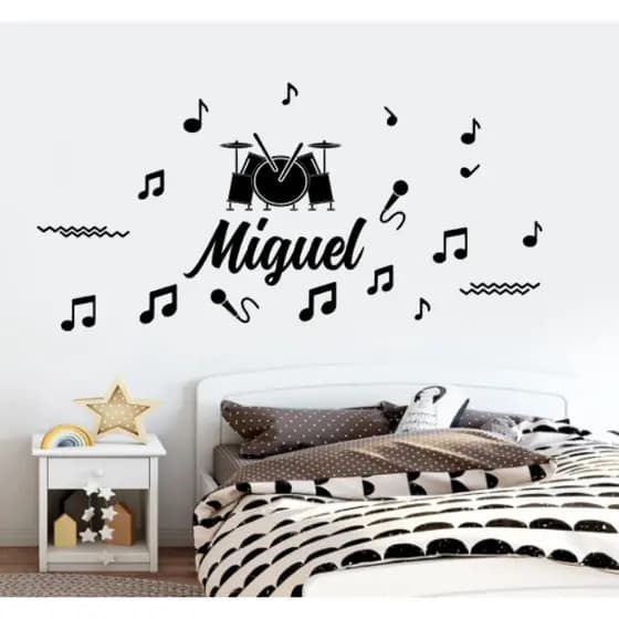 Adesivo de parede infantil música bateria microfone nota musical nome personalizado quarto menino