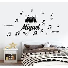 Adesivo de parede infantil música bateria microfone nota musical nome personalizado quarto menino