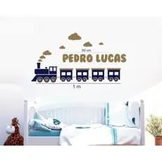 Adesivo de parede infantil trem, trenzinho, locomotiva, nuvens, nome personalizado quarto menino