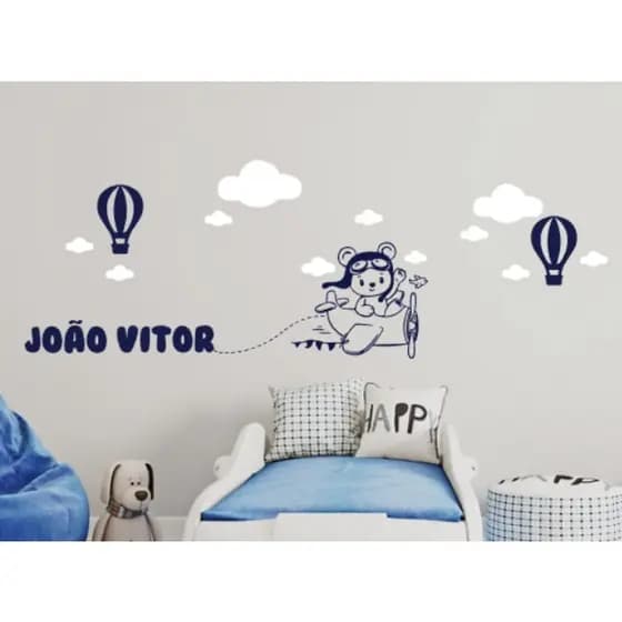 Adesivo de parede infantil urso aviador, balão de ar quente, quanto de menino, decoração.
