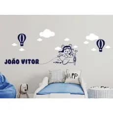 Adesivo de parede infantil urso aviador, balão de ar quente, quanto de menino, decoração.