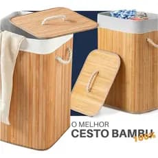 Cesto De Roupa Suja De Bambu 60L Com Tampa e Alça Super Firme Dobrável Forro Removível