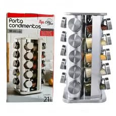 Porta Tempero Condimento Giratório Com 20 Potes Suporte Em Aço Inox