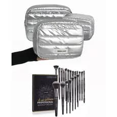 Kit Completo de Maquiagem – 20 Pincéis Profissionais + 2 Necessaires Luxo Prata | Estojo Maquiagem