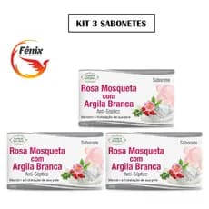 Kit 3 Sabonetes Rosa Mosqueta com Argila Branca 90g - Hidratação Regeneração Clareamento - Natural