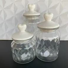 Jogo de pote de vidro branco com 3 peças coração para mantimentos grande médio pequeno decorado cozinha potes alimento