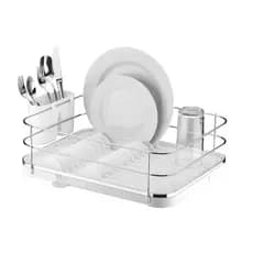 Escorredor de louça de inox branco com prata e plástico grande com suporte para talheres cozinha louças e porta talher