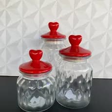 Jogo de pote de vidro vermelho de coração com 3 peças para mantimentos grande médio pequeno potes de alimentos decorados