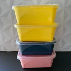 Conjunto de potes de plástico colorido com 4 peças azul amarelo e rosa plasutil - kit jogo pote de plastico retangular