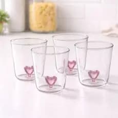 Jogo de copo de vidro rosa 3D com coração com 4 peças suco água kit conjunto copos fofo para cozinha taça coracao