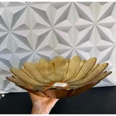 Fruteira de vidro dourada âmbar decorativa com folhas grande para decoração frutas boleira bolo grande amarela frutera