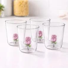 Jogo de copo de vidro flor rosa 3D com 4 peças 350ml para suco água kit conjunto copos de cozinha fofa flores grande