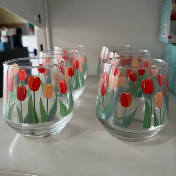 Jogo de copo de vidro decorado com flor tulipa 6 peças 350ml vermelho kit conjunto copos flores vermelhos cozinha fofa