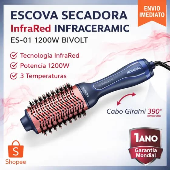 Escova Secadora InfraRed Mondial Rose 1200W Bivolt ES-01-IR Alisa e Seca 1 Ano Garantia