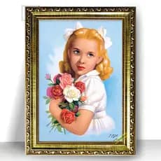 Quadro Moldura Trabalhada Menina Lourinha Vintage Loira 47x35cm