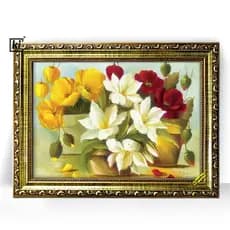 Quadro Moldura Dourada Flores Vaso Amarelo Vermelho Branco 47x35cm