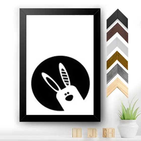 Quadro Decorativo Infantil Quadro Círculo Preto Coelho Branco Kit para Menino A3 A4 moldura