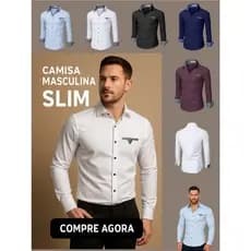 Camisa Masculina Manga Longa Slim Fit Escritório Casual  De Boa Qualidade Com Elastano Dia dos Pais