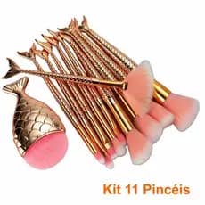 Kit 11 Pinceis para Maquiagem Sereia Calda De Peixe Dourado CBRN11421