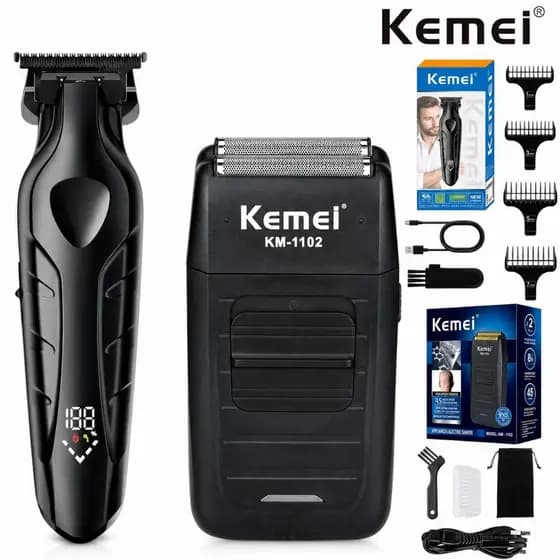 Kit Kemei Máquina de Acabamento + Barbeador Shaver Original KM-2269 + KM-1102 - Bivolt