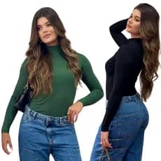 Kit 2 Blusa Feminina Segunda Pele Básica Manga Longa Gola Alta