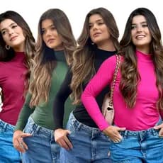 Kit 4 Blusa Feminina Segunda Pele Básica Manga Longa Gola Alta