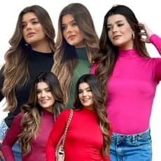 Kit 5 Blusa Feminina Segunda Pele Básica Manga Longa Gola Alta