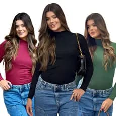 Kit 3 Blusa Feminina Segunda Pele Básica Manga Longa Gola Alta
