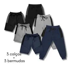 Kit com 3 Calças e 3 Bermudas Moletom Moletinho Infantil Uniforme Escola Dia a Dia Sortidas
