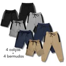 Kit com 4 Calças e 4 Bermudas Moletom Moletinho Infantil Uniforme Escola Dia a Dia Sortidas