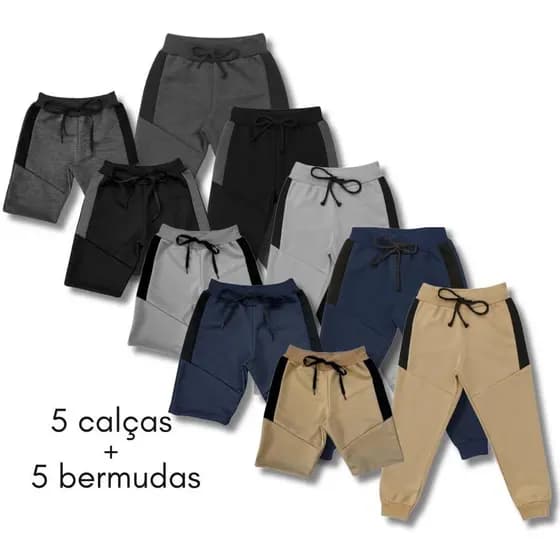 Kit com 5 Calças + 5 Bermudas Moletom Moletinho Infantil Uniforme Escola Dia a Dia Sortidas