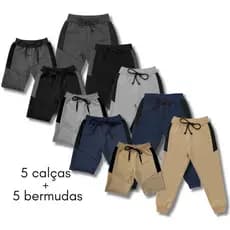 Kit com 5 Calças + 5 Bermudas Moletom Moletinho Infantil Uniforme Escola Dia a Dia Sortidas