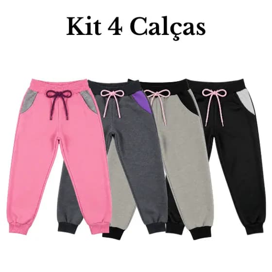 Kit 4 Calças Moletinho Infantil Menina Escola Dia a Dia Confortável Meia Estação