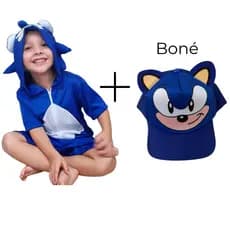 Fantasia Sonic Infantil Pijama Kigurumi Curto do Sonic + Boné