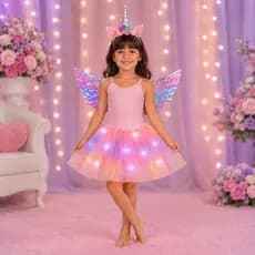 Fantasia Infantil Bailarina Unicórnio Luz Led na Saia Tiara Asa Fantasia Carnaval Festa Folia Menina