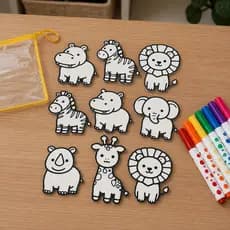 Kit Pintura para Colorir Infantil Lavável 6 Animais Reutilizáveis + 6 Canetinhas Presente Crianças