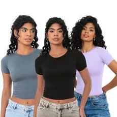 KIT 03 - Baby Tee Feminina - Blusa Slim Fit Manga Curta - Blusa Compressão
