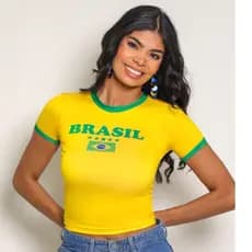 Blusa do Brasil Feminina - Baby Tee do Brasil Manga Curta - Blusa Feminina Copa do Mundo 2026 - Blusa Brasil Seleção