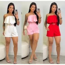 Macaquinho Feminino Curto Tomara Que Caia Babado Cinto Luxo Tendência Blogueira Verão 2026 Premium