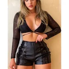 Short Feminino Couro Fake com Paête Luxo Noite