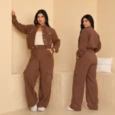 Conjunto Veludo Cotelê Feminino Luxo Casual Manga Longa Calça Cargo Soltinha Tendência Inverno 2026