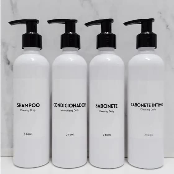 kit 4 Frascos Branco 240ml Shampoo Sabonete Condicionador Sabonete Íntimo