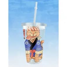 Copo de acrílico juvenil, 450 ml Estampa gato com kimono, tema japonês/Japão/anime.
